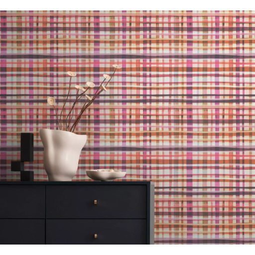 Nagyléptékű és színes textilhatású kockás struktúrminta rózsaszín barack bézs narancs és lila tónus tapéta