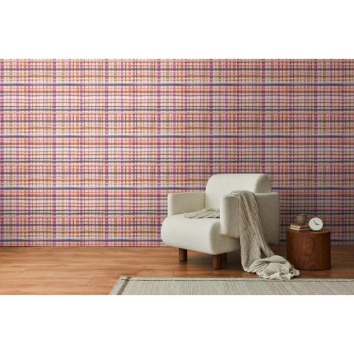 Nagyléptékű és színes textilhatású kockás struktúrminta rózsaszín barack bézs narancs és lila tónus tapéta