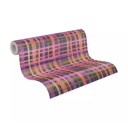 Nagyléptékű és színes textilhatású kockás struktúrminta lila pink narancs sötétszürke és mélyzöld tónus tapéta