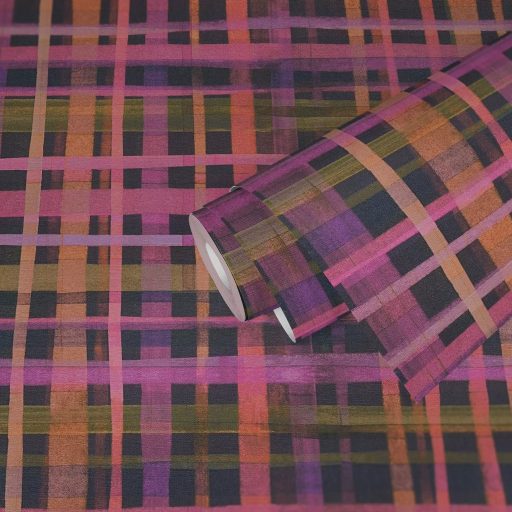 Nagyléptékű és színes textilhatású kockás struktúrminta lila pink narancs sötétszürke és mélyzöld tónus tapéta