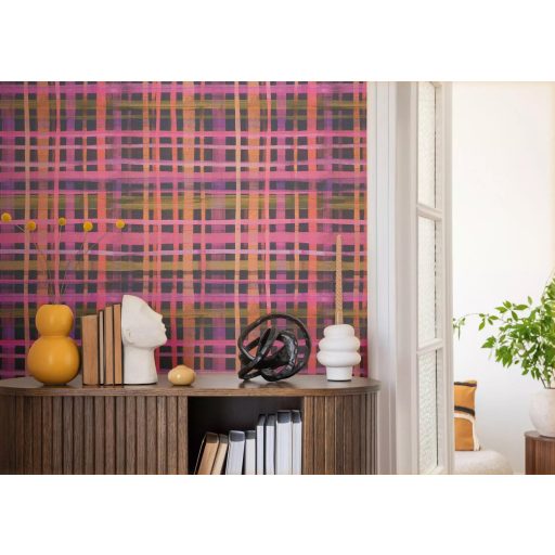 Nagyléptékű és színes textilhatású kockás struktúrminta lila pink narancs sötétszürke és mélyzöld tónus tapéta