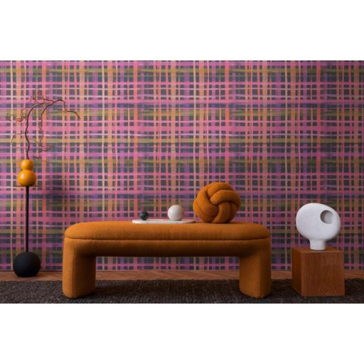 Nagyléptékű és színes textilhatású kockás struktúrminta lila pink narancs sötétszürke és mélyzöld tónus tapéta