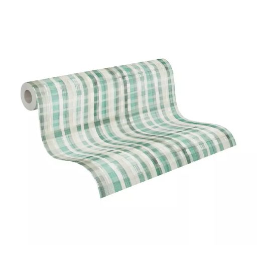 Nagyléptékű textilhatású kockás struktúrminta törtfehér szürke mentazöld és pasztellzöld tónus tapéta