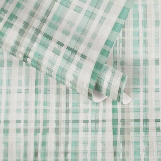 Nagyléptékű textilhatású kockás struktúrminta törtfehér szürke mentazöld és pasztellzöld tónus tapéta