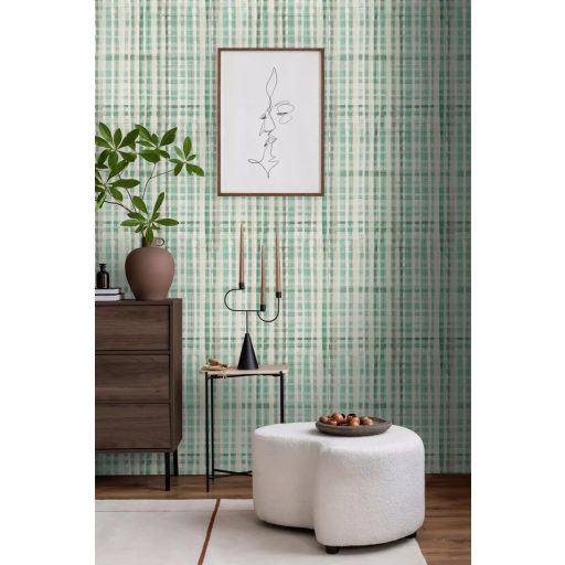 Nagyléptékű textilhatású kockás struktúrminta törtfehér szürke mentazöld és pasztellzöld tónus tapéta