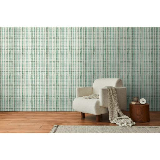 Nagyléptékű textilhatású kockás struktúrminta törtfehér szürke mentazöld és pasztellzöld tónus tapéta