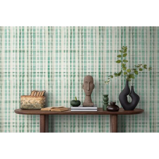 Nagyléptékű textilhatású kockás struktúrminta törtfehér szürke mentazöld és pasztellzöld tónus tapéta