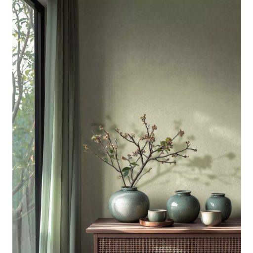 Enyhén texturált egyszínű finom vakolatminta pasztellzöld/zöldessárga tónus tapéta