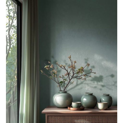 Enyhén texturál egyszínű finom vakolatminta zöld/szürkészöld/kékeszöld tónus tapéta