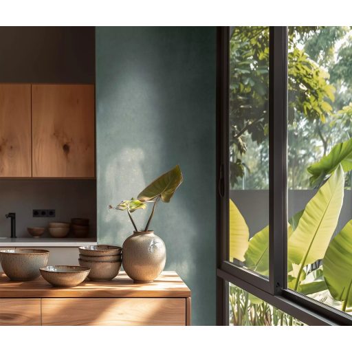 Enyhén texturál egyszínű finom vakolatminta zöld/szürkészöld/kékeszöld tónus tapéta