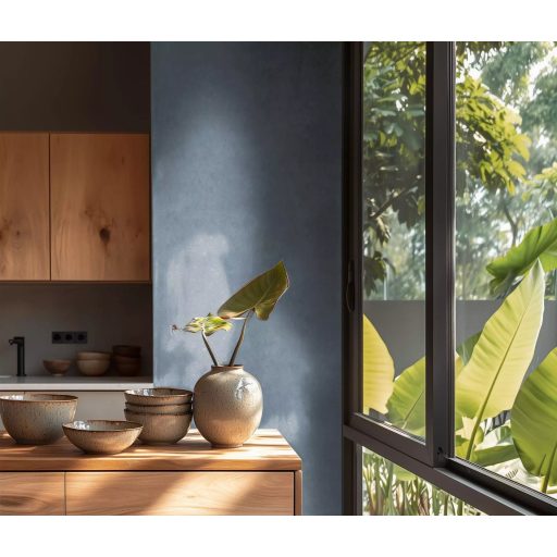 Enyhén texturált egyszínű finom vakolatminta kék/szürkéskék tónus tapéta