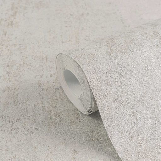 Vakolt fal hatású patinás koptatott felületű vintage struktúrminta halvány bézs szürke és szürkésbézs tónus fémes hatás tapéta