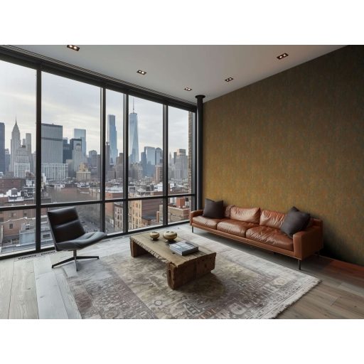 Vakolt fal hatású patinás koptatott felületű vintage struktúrminta terrakotta és ezüstös szürke/türkiz tónus fémes hatás tapéta