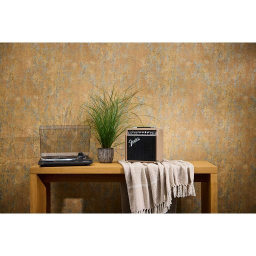 Vakolt fal hatású patinás koptatott felületű vintage struktúrminta terrakotta és ezüstös szürke/türkiz tónus fémes hatás tapéta