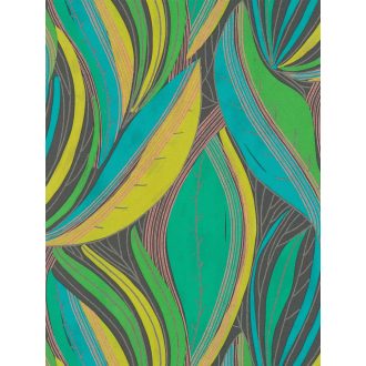   Kortárs organikus design - Absztrakt színes levélminta türkiz élénk zöld limezöld szürke rózsaszn és réz tónus fémes hatás tapéta