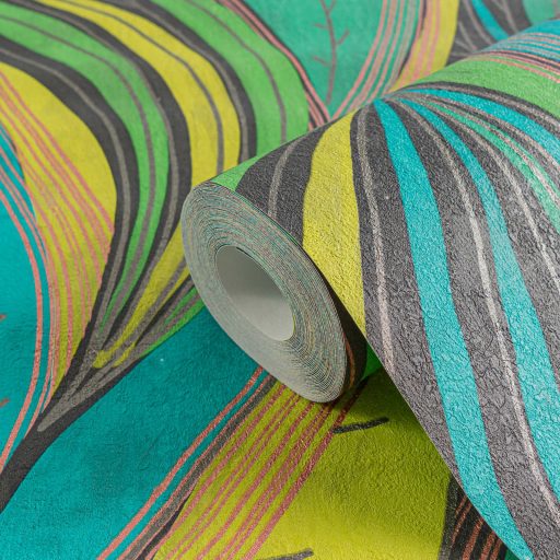 Kortárs organikus design - Absztrakt színes levélminta türkiz élénk zöld limezöld szürke rózsaszn és réz tónus fémes hatás tapéta