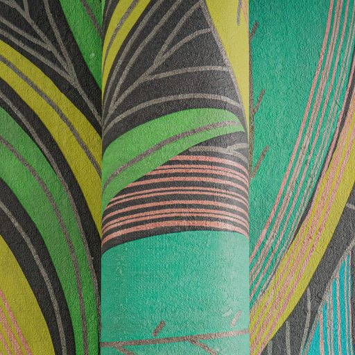 Kortárs organikus design - Absztrakt színes levélminta türkiz élénk zöld limezöld szürke rózsaszn és réz tónus fémes hatás tapéta