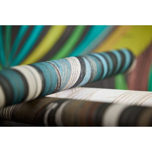 Kortárs organikus design - Absztrakt színes levélminta türkiz élénk zöld limezöld szürke rózsaszn és réz tónus fémes hatás tapéta