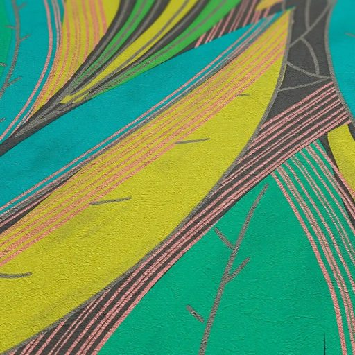 Kortárs organikus design - Absztrakt színes levélminta türkiz élénk zöld limezöld szürke rózsaszn és réz tónus fémes hatás tapéta