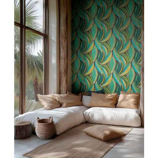 Kortárs organikus design - Absztrakt színes levélminta türkiz élénk zöld limezöld szürke rózsaszn és réz tónus fémes hatás tapéta