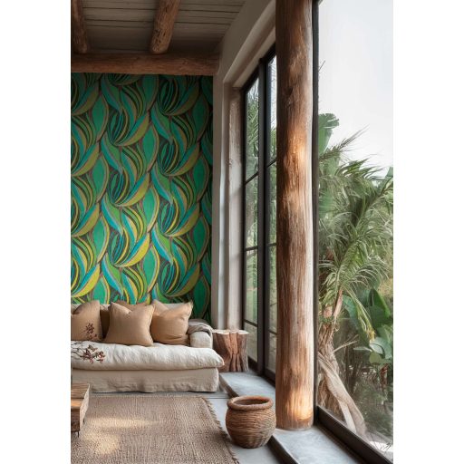 Kortárs organikus design - Absztrakt színes levélminta türkiz élénk zöld limezöld szürke rózsaszn és réz tónus fémes hatás tapéta