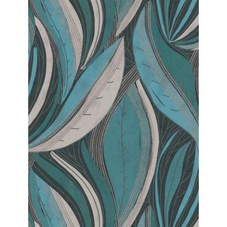   Kortárs organikus design - Absztrakt színes levélminta türkiz szürke kék és ezüst tónus fémes hatás tapéta