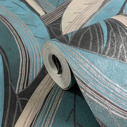 Kortárs organikus design - Absztrakt színes levélminta türkiz szürke kék és ezüst tónus fémes hatás tapéta