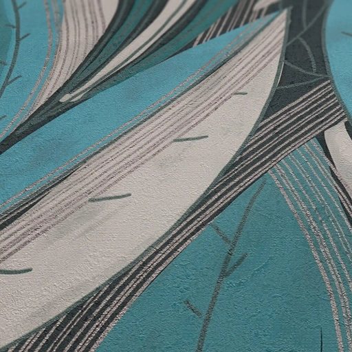 Kortárs organikus design - Absztrakt színes levélminta türkiz szürke kék és ezüst tónus fémes hatás tapéta