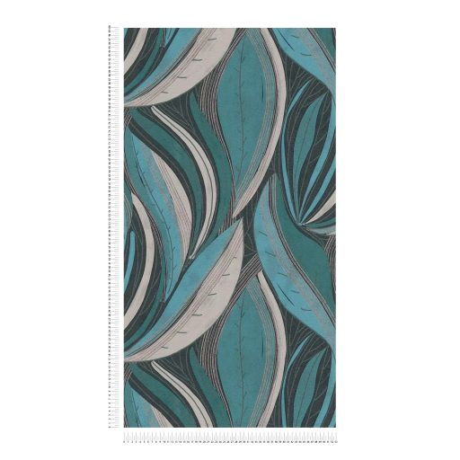 Kortárs organikus design - Absztrakt színes levélminta türkiz szürke kék és ezüst tónus fémes hatás tapéta