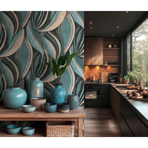 Kortárs organikus design - Absztrakt színes levélminta türkiz szürke kék és ezüst tónus fémes hatás tapéta