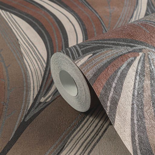 Kortárs organikus design - Absztrakt színes levélminta meleg barna terrakotta szürke fehér és ezüst tónus fémes hatás tapéta