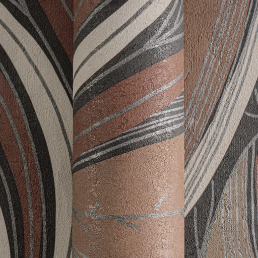 Kortárs organikus design - Absztrakt színes levélminta meleg barna terrakotta szürke fehér és ezüst tónus fémes hatás tapéta