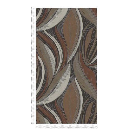 Kortárs organikus design - Absztrakt színes levélminta meleg barna terrakotta szürke fehér és ezüst tónus fémes hatás tapéta