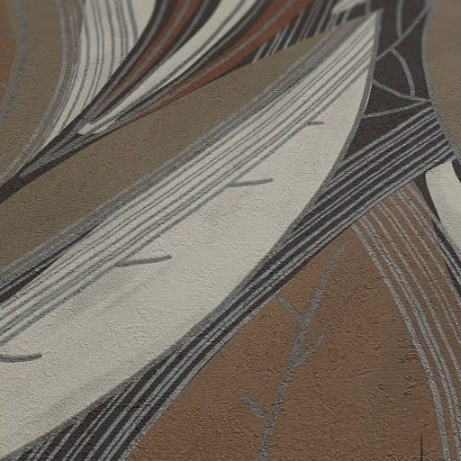 Kortárs organikus design - Absztrakt színes levélminta meleg barna terrakotta szürke fehér és ezüst tónus fémes hatás tapéta