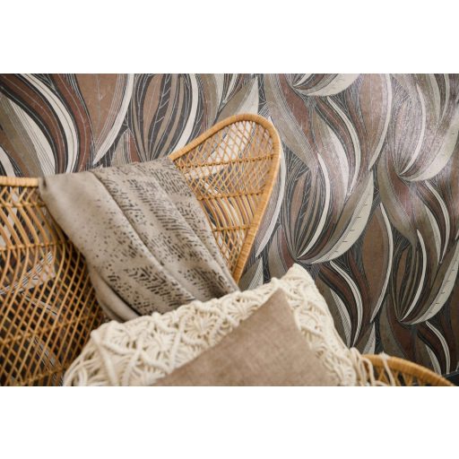 Kortárs organikus design - Absztrakt színes levélminta meleg barna terrakotta szürke fehér és ezüst tónus fémes hatás tapéta