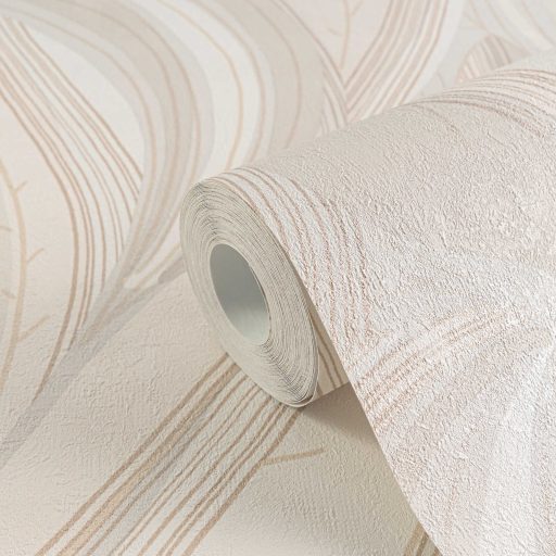 Kortárs organikus design - Absztrakt levélminta bézs ecru és homokszín tónus fémes hatás tapéta