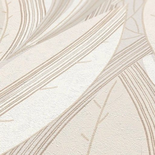 Kortárs organikus design - Absztrakt levélminta bézs ecru és homokszín tónus fémes hatás tapéta