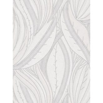   Kortárs organikus design - Absztrakt monokróm levélminta fehér és ezüstszürke tónus fémes hatás tapéta