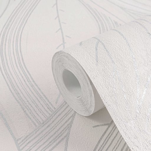 Kortárs organikus design - Absztrakt monokróm levélminta fehér és ezüstszürke tónus fémes hatás tapéta