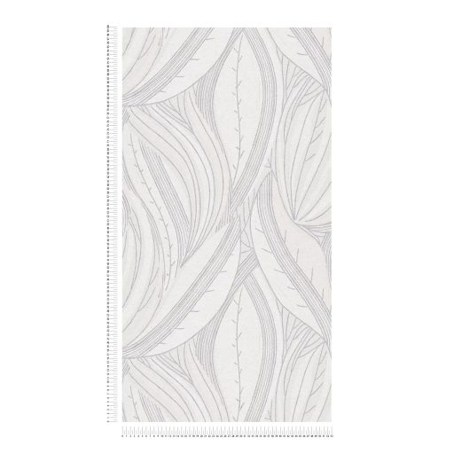 Kortárs organikus design - Absztrakt monokróm levélminta fehér és ezüstszürke tónus fémes hatás tapéta