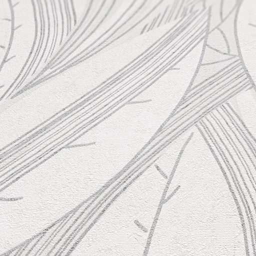 Kortárs organikus design - Absztrakt monokróm levélminta fehér és ezüstszürke tónus fémes hatás tapéta