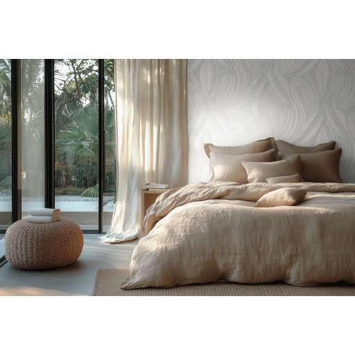 Kortárs organikus design - Absztrakt monokróm levélminta fehér és ezüstszürke tónus fémes hatás tapéta