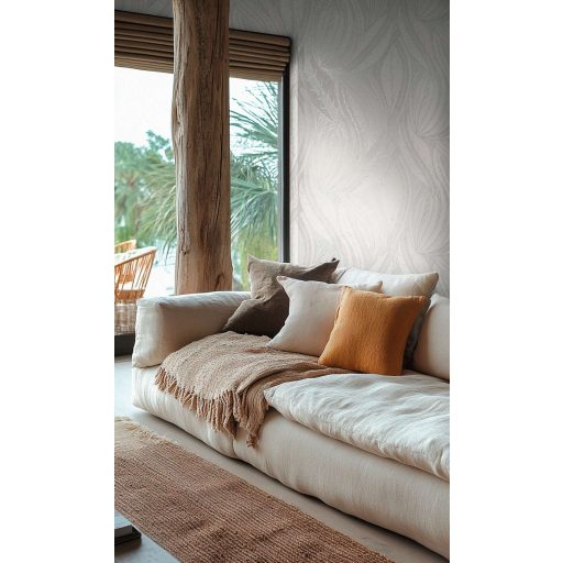 Kortárs organikus design - Absztrakt monokróm levélminta fehér és ezüstszürke tónus fémes hatás tapéta