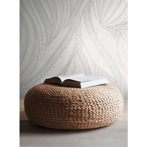 Kortárs organikus design - Absztrakt monokróm levélminta fehér és ezüstszürke tónus fémes hatás tapéta