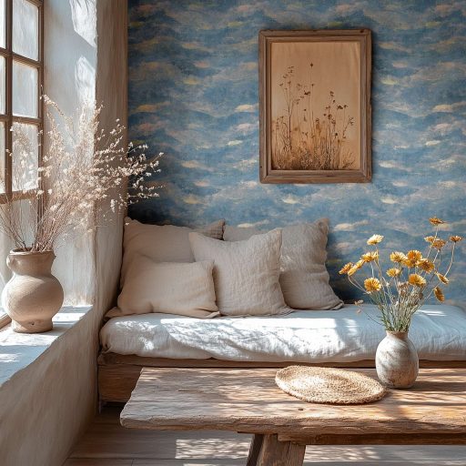 Légies álomszerű és festői felhőmintázat impresszionista stílusjegyekkkel lágy kék rózsaszín/roségold és arany tónus fémes hatás tapéta