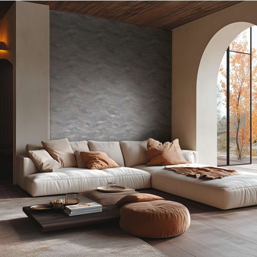 Légies álomszerű és festői felhőmintázat impresszionista stílusjegyekkkel szürke finom terrakotta/rozsdavörös és ezüst fémes hatás tapéta