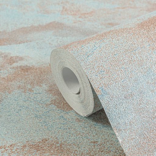 Légies álomszerű és festői felhőmintázat impresszionista stílusjegyekkkel pasztell türkizkék korall és rézszín tónus fémes hatás tapéta