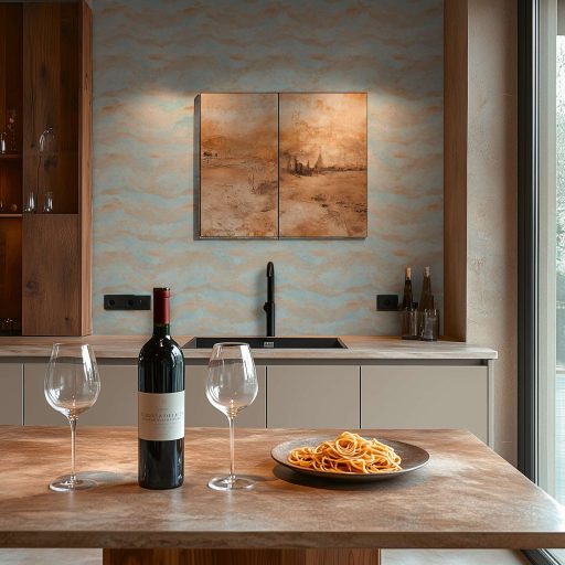 Légies álomszerű és festői felhőmintázat impresszionista stílusjegyekkkel pasztell türkizkék korall és rézszín tónus fémes hatás tapéta