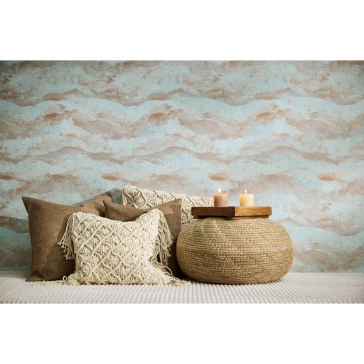 Légies álomszerű és festői felhőmintázat impresszionista stílusjegyekkkel pasztell türkizkék korall és rézszín tónus fémes hatás tapéta