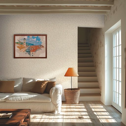 Függőleges vonalak törésével kialakított texturált absztrakt minta lágy bézs és krémszín tónus fémes hatás tapéta